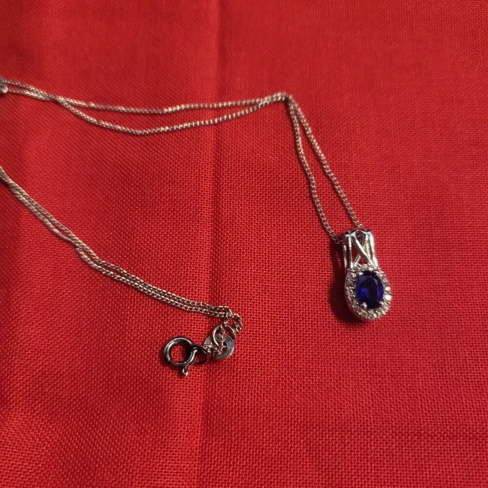 Blue Sapphire and White Zircon Halo Sterling Silver Pendant Necklace